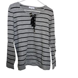 Calvin Klein Black and Gray Striped Lace-Up Top Size Large